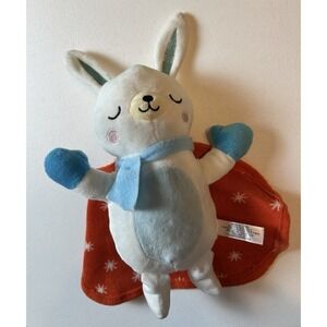 Plush Bunny Baby Toy with Blue Scarf and Orange Star Blanket, White Blue Orange